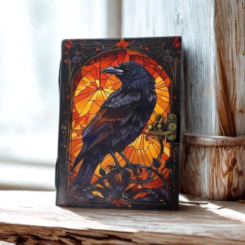 Grimoire Leather Journal, Gothic Notebook Crow Spell Book of Shadows, Vintage Witch Diary Gift for Women, Halloween Gifts