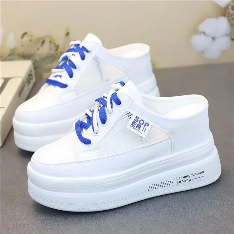 Fashion Summer Thick-soled Inner Heightening Half-drag Canvas Shoes Women's Muffin  A Pedal Lazy Shoes Women Casual Breathable Slippers