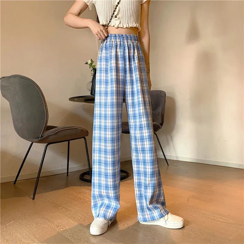 Vintage Plaid Women Pants High Waist Wide Leg Straight Pant Loose Casual Female Trousers Wide Leg Pant Fashion