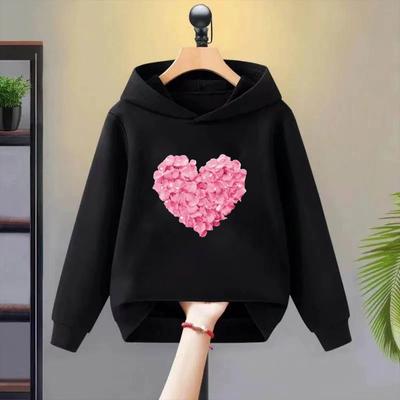 Black Children‘s Hoodie Autumn Winter Warm Clothes Sets For Girls Heart Print Top Coat Daily Causal Sports Loose Lounge Wear