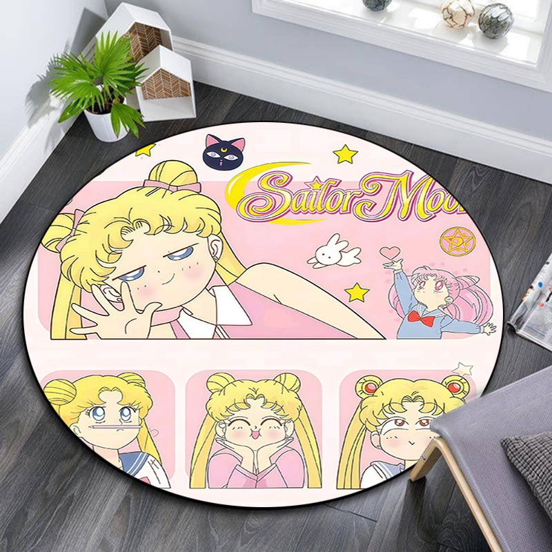 Sailor Moon Round Area Rug,Carpet Rug for Living Room Bedroom Sofa Playroom Decor,Non-slip Floor Mat