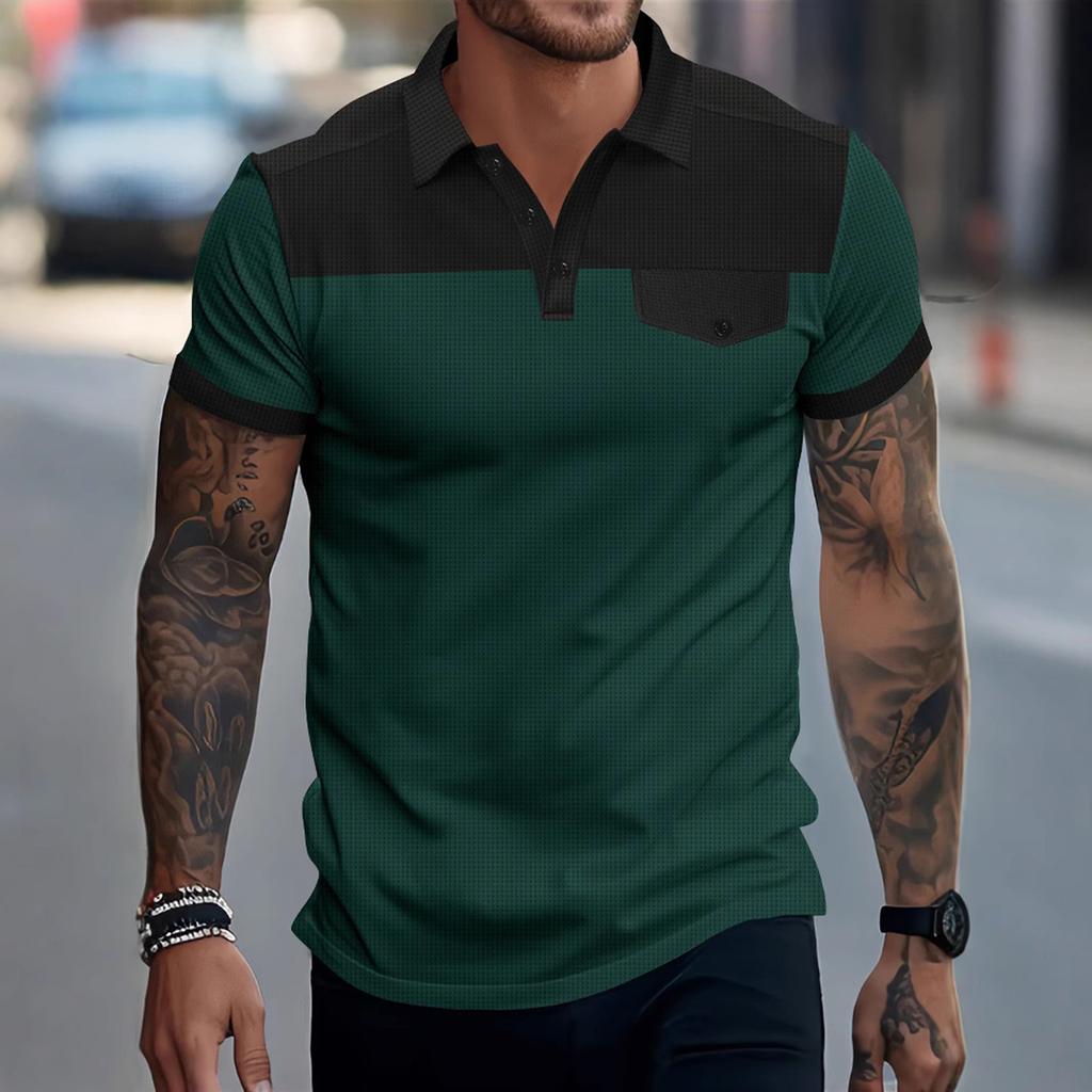 Men's Summer Color-blocked Lapel Pocket Short-sleeve T-shirt Casual Sporty Top