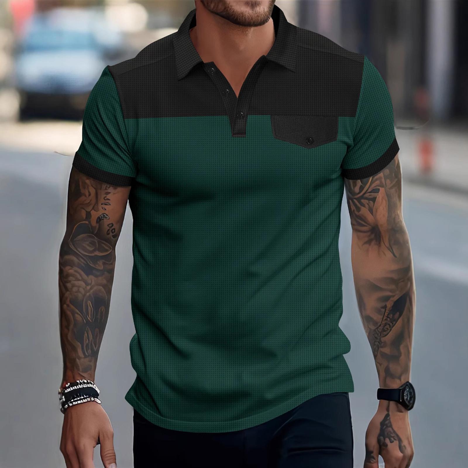 Men s Summer Color-blocked Lapel Pocket Short-sleeve T-shirt Casual Sporty Top L