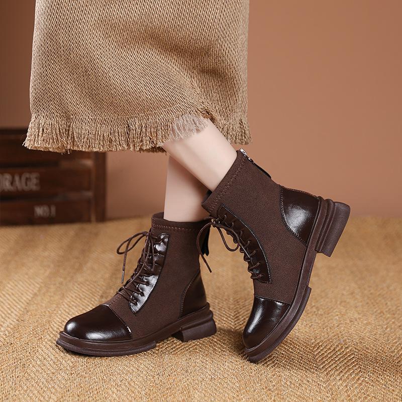 British Short Boots Lace-Up Boots Women's French Single Boots Round Head Thick Heel Martin Boots Skinny Versatile Skinny Boots Women