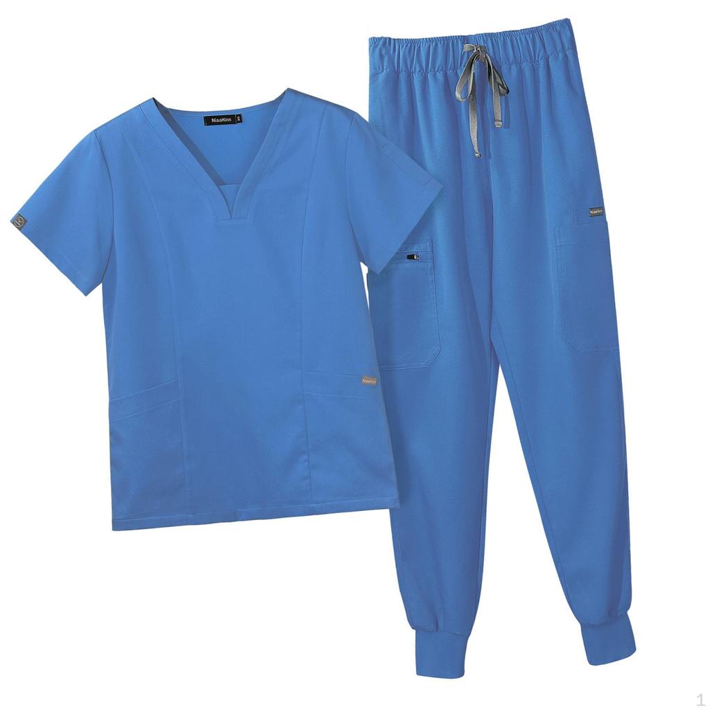 Damen-Kasack mit mehreren Taschen, V-Ausschnitt, kurzen Ärmeln, leichte Arbeitskleidung für Krankenschwestern