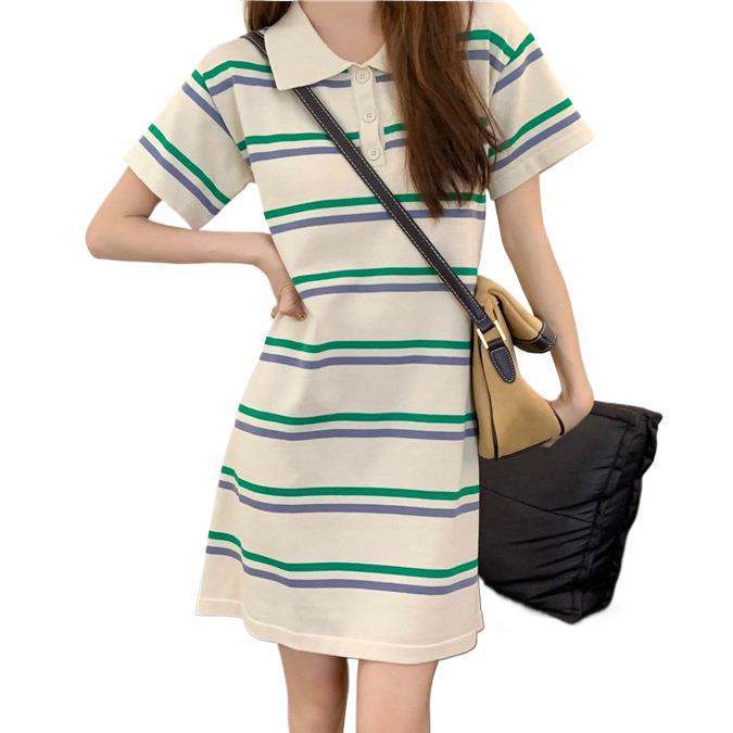 Women's Striped Summer Polo Dress - Loose Knit Bell-Sleeve Design