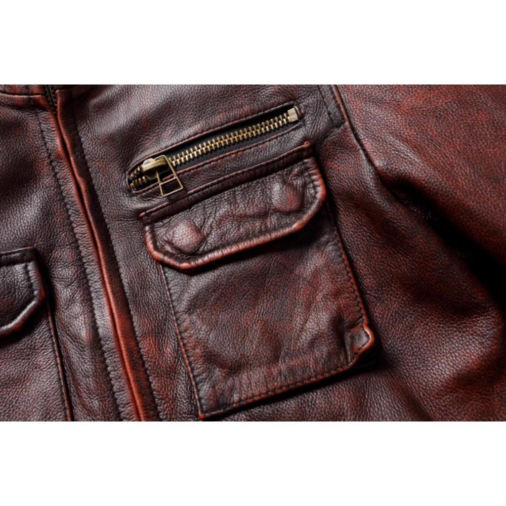 Chinese Size Vintage Red Brown Men Leather Jacket M65 Hunting Flight Jacket Genuine Cowhide Coat Autumn