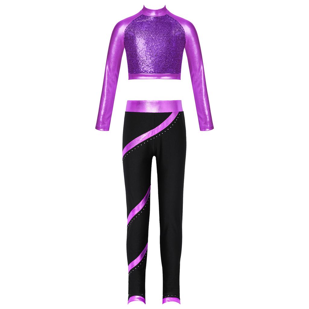 Girls Figure Skating Outfit Mock Neck Long Sleeve Sequin Shiny Crop Top Metallic Striped Pants Dance Costume