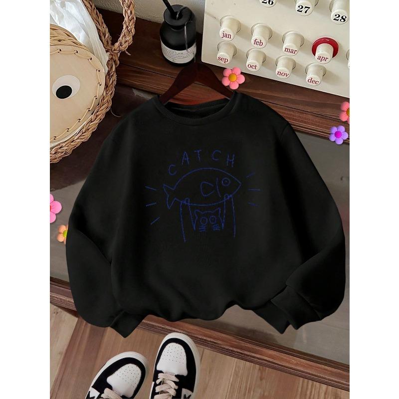 Kids Crewneck Sweatshirt, Minimalist Line Cat Holding Fish Print, Casual Tops for Fall & Winter 110 чёрный