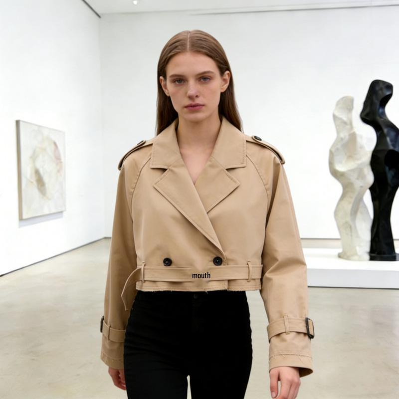 European & American Style Women's Belted Long Sleeve Short Windbreaker Jacket for Spring/Autumn