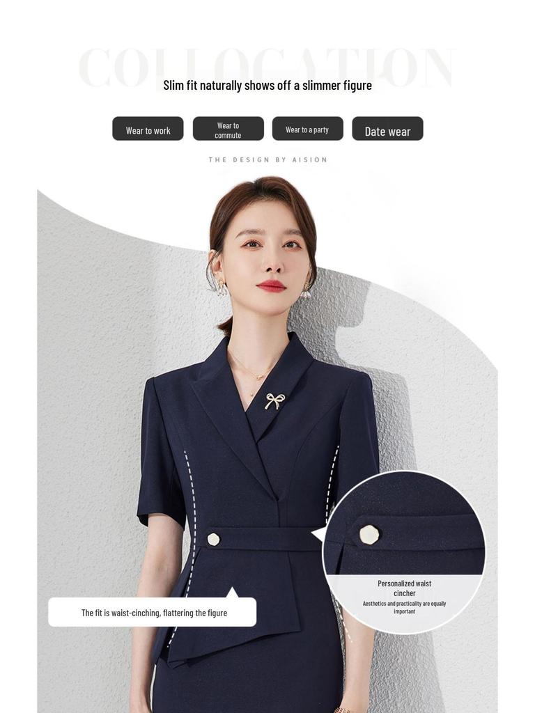 Navy Blue Short Sleeve Slimming Work Dress for Women