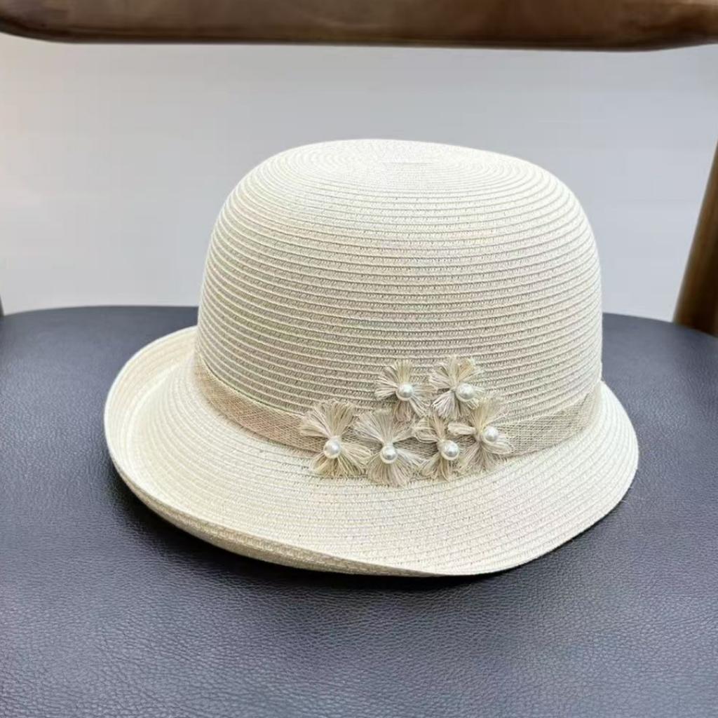French handmade beads fine grass sunscreen bucket hat women's summer sunshade travel straw hat vacation travel elegant small pot hat