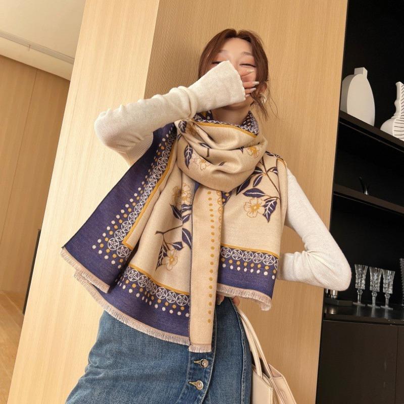Gradual change flower imitation cashmere scarf women's high sense double-sided jacquard shawl retro scarf