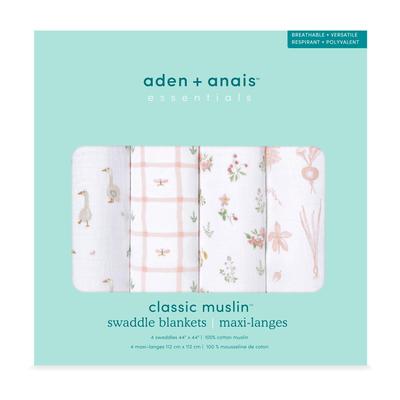 Aden + Anais Essentials Swaddles, Set of 4, Country Floral Design, Muslin Cotton, Gauze, Newborn, Baby Gift, SWADAEESWC40031