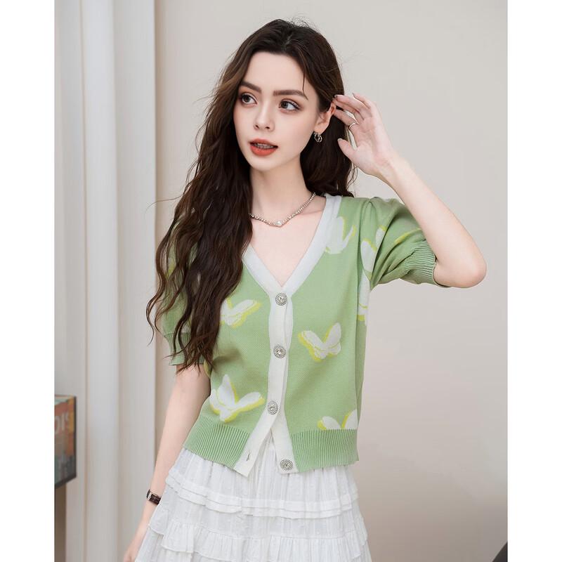 ET BOITE Women s V-Neck Butterfly Print Short-Sleeve Knit Top F