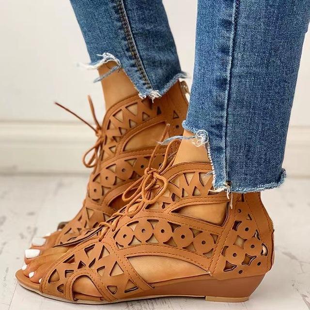 Women's Summer Peep Toe Sandals Openwork Retro Lacing Platform Comfy Outdoor Casual Shoes Large Size 35-43