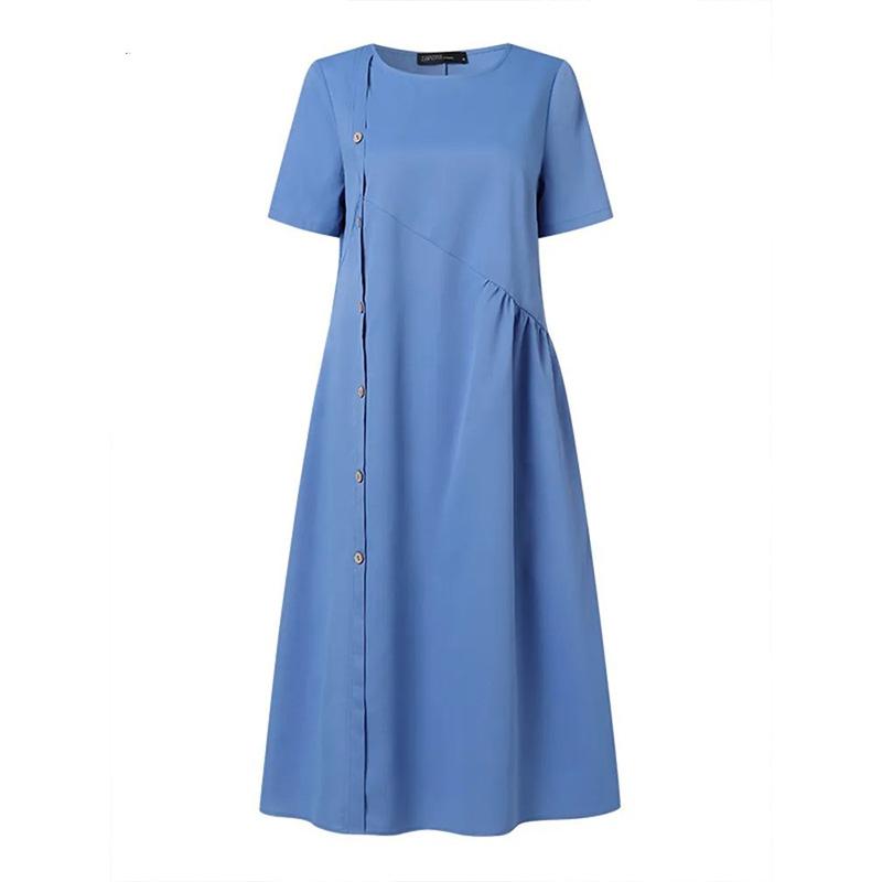 Damen Midi-Kleid mit Knöpfen, geraffter Taille und Taschen, lässiges, lockeres Tunika-Kleid