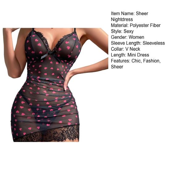 Women's See Through Lace Cami Nightgown V Neck Full Slip Chemise Nightdress Sexy Sheer Bodydoll Sleepwear with Thong