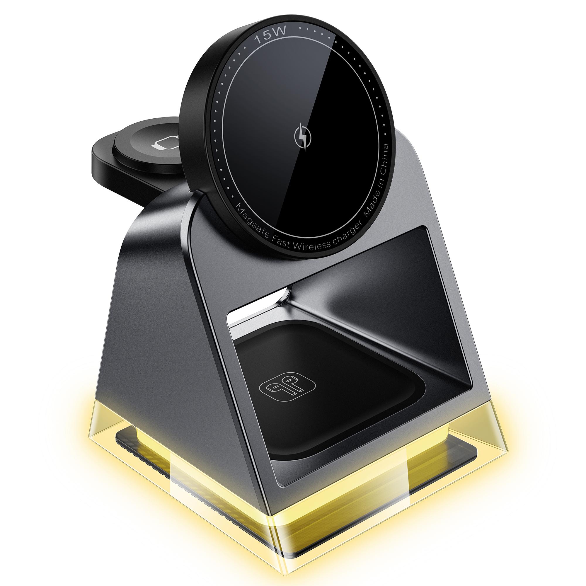 

W83 3-in-1 Magnetic Wireless Charger with Crystal Night Light for Phone/Smart Watch/TWS Earbuds Black