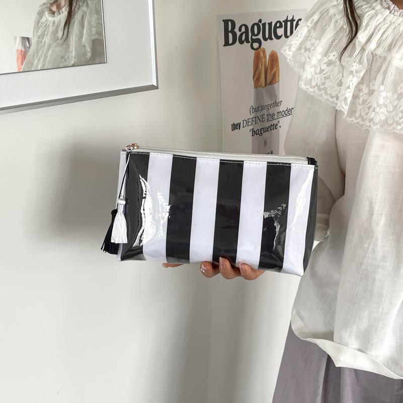 Striped Tassel Pendant Cosmetic Bag Waterproof Large Capacity PVC Toiletry Pouch for Weekend Getaway