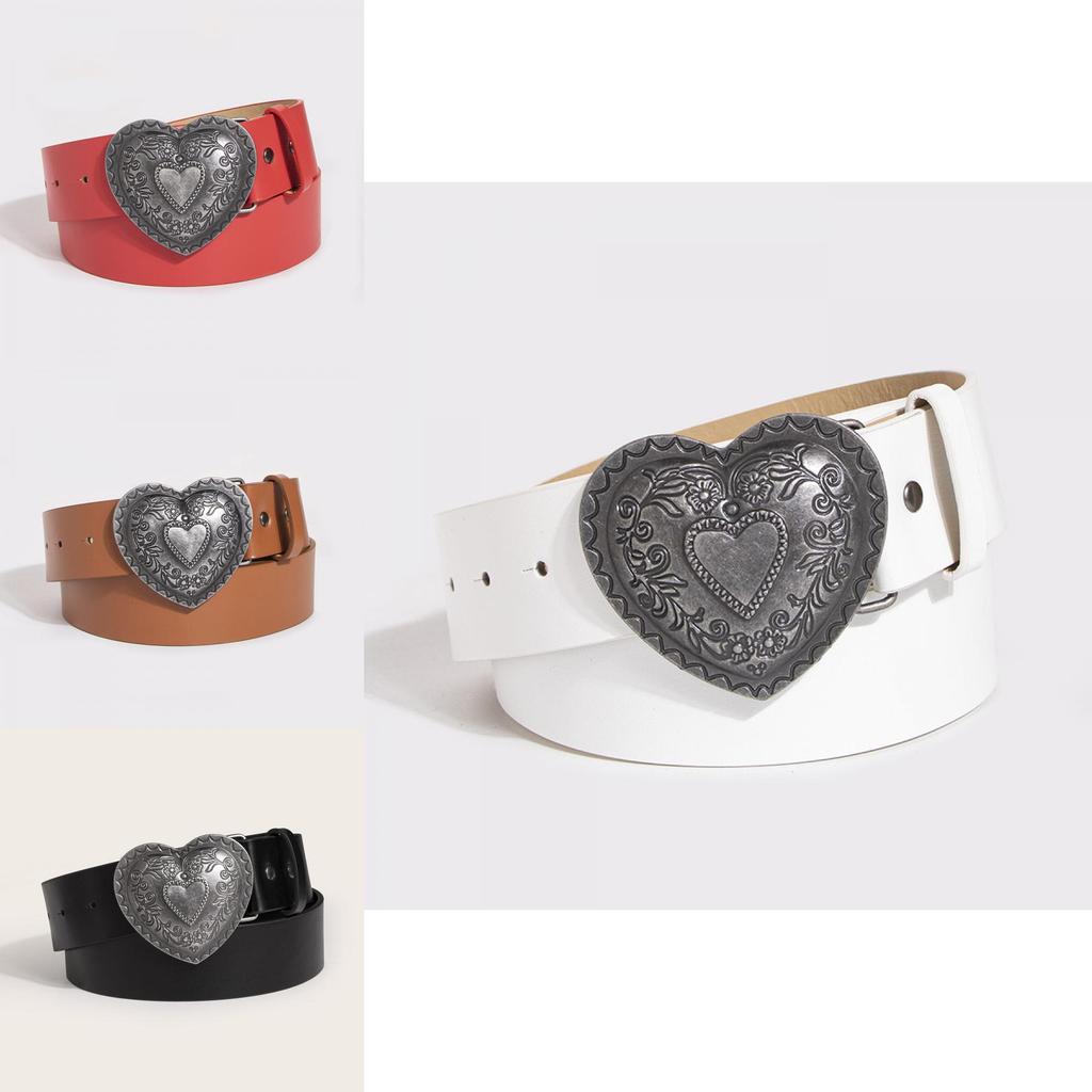 Retro Heart Pattern Leather Look Belt With Pin Buckle For Young Women Casual Fashion
