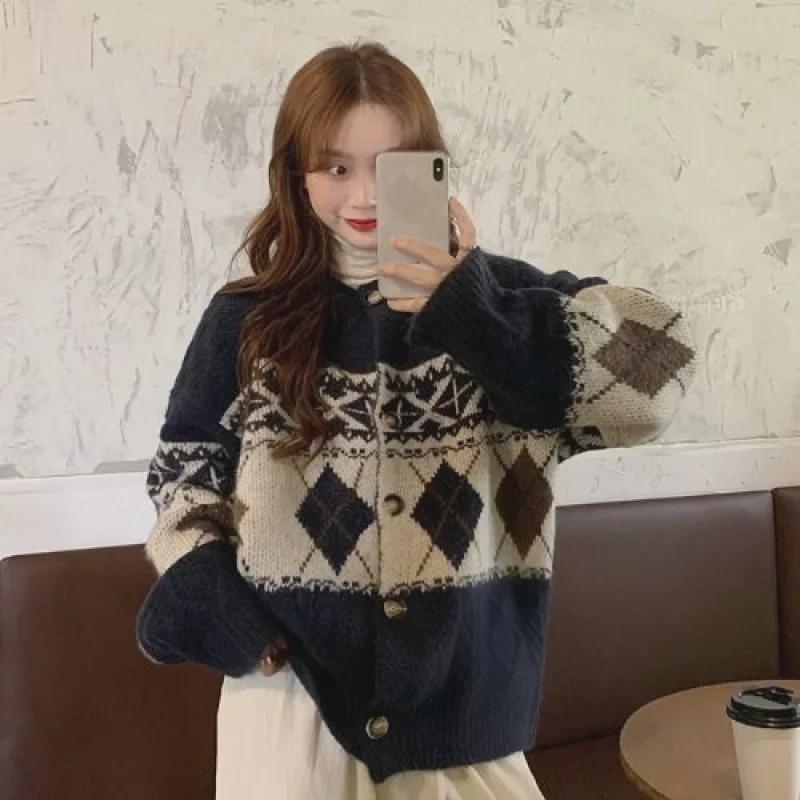 Women's Retro Jacquard Knit Cardigan - Autumn/Winter Loose Fit