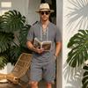 Men's European-American Linen Drawstring Short-Sleeve Shirt & Shorts Set - Breathable Cotton Linen Beach Travel Outfit