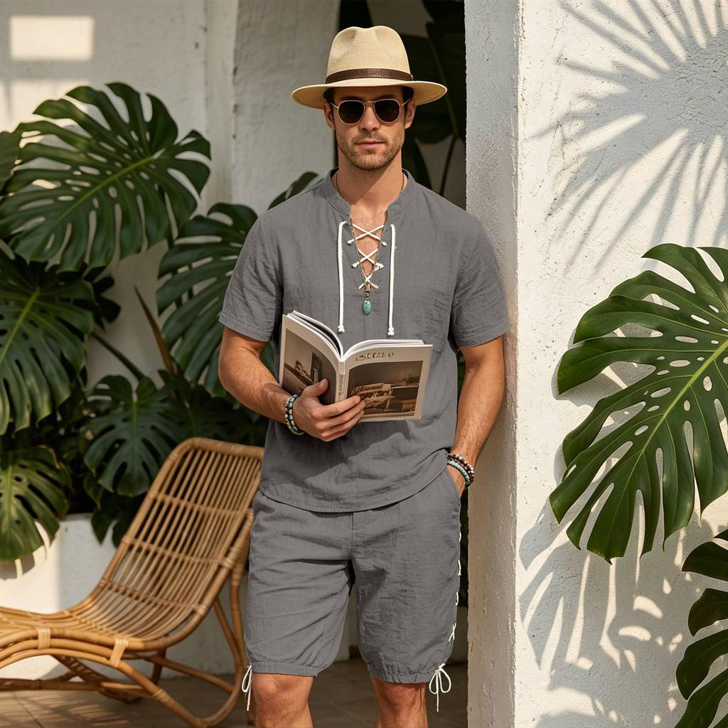 Men's European-American Linen Drawstring Short-Sleeve Shirt & Shorts Set - Breathable Cotton Linen Beach Travel Outfit
