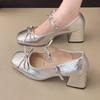 2025 Neue vielseitige silberne Mary Janes mit französischer Schleife - Damen Chunky Heel Frühlingsausgabe