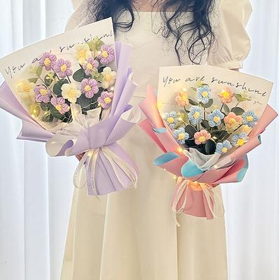 Crochet Flower Lighting Flower Bouquet Handmade Woven Flowers Knitted Graduation Bouquet Wedding Party Bouquet Gift