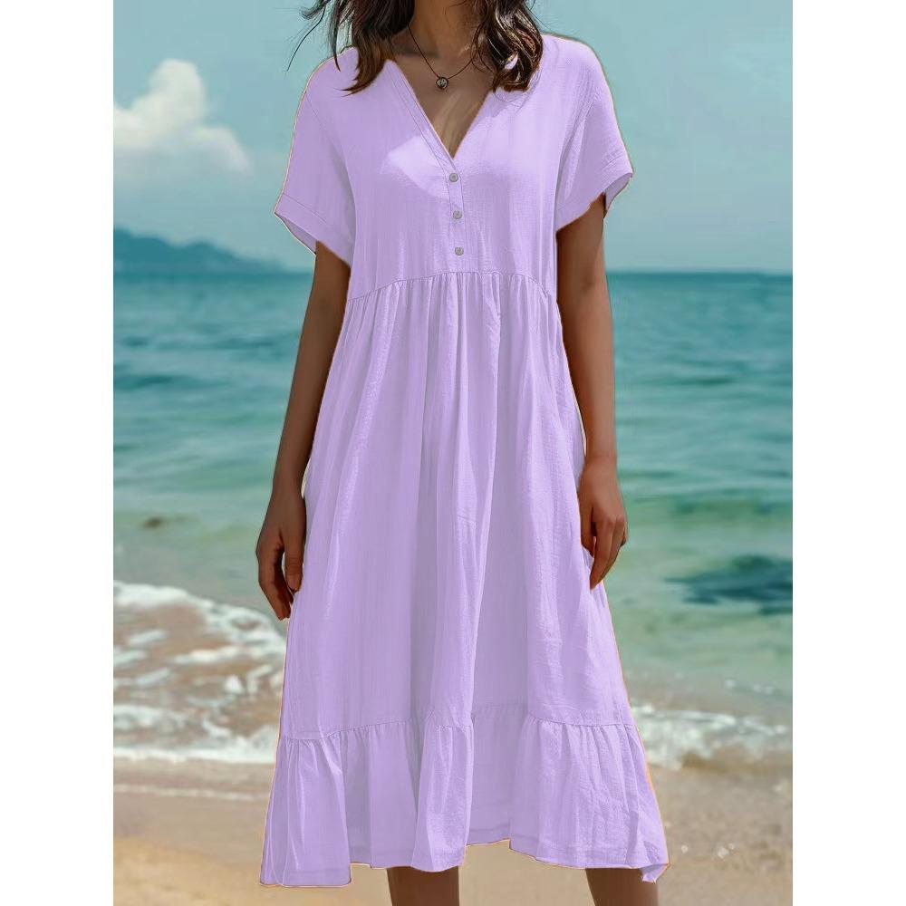 Women s V Neck Buttoned Short Sleeve Casual Midi Dress with Ruffle Hem S лавандовый