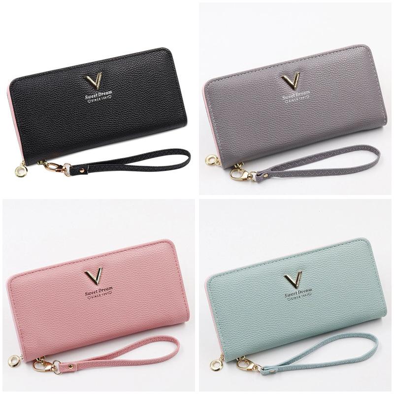 New solid color long wallet women's simple high-end lychee pattern soft leather trend zipper wallet spot