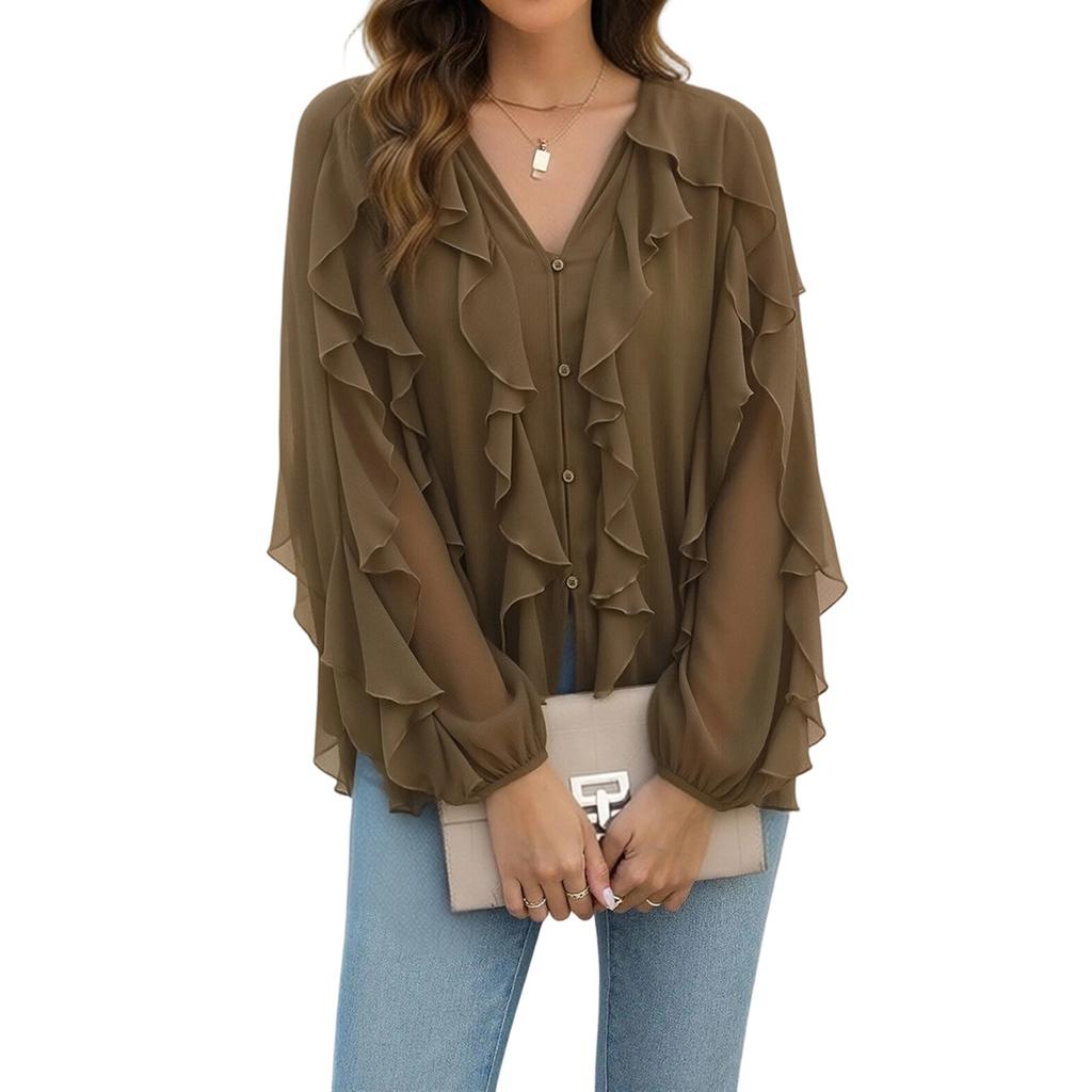 Women's V Neck Long Sleeve Blouse with Layered Ruffle Decoration Button Front Loose Fit Fashion Shirt Top for Casual Office Wear