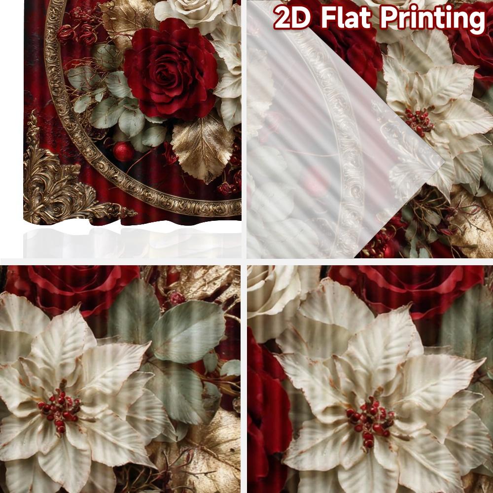 2D Flat Printing 2pcs Curtain Window Treatment Curtains Christmas Floral Golden Frame Digital Printed Polyester Drapes Seasonal