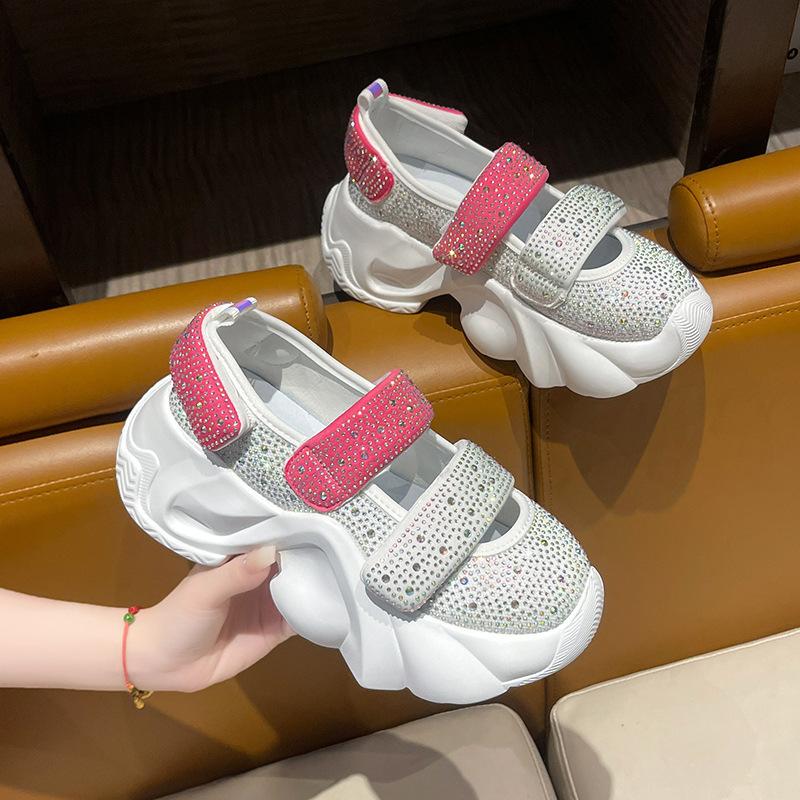 Round head muffin bottom rhinestone casual sandals women's summer new cute fashion Velcro fashion sandals