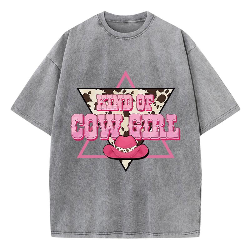 Kind Of Cow Girl Cotton Washed T-Shirt Womens Pink Hat Printing T Shirts O-Neck Oversized Acid Wash Tops Summer Woman