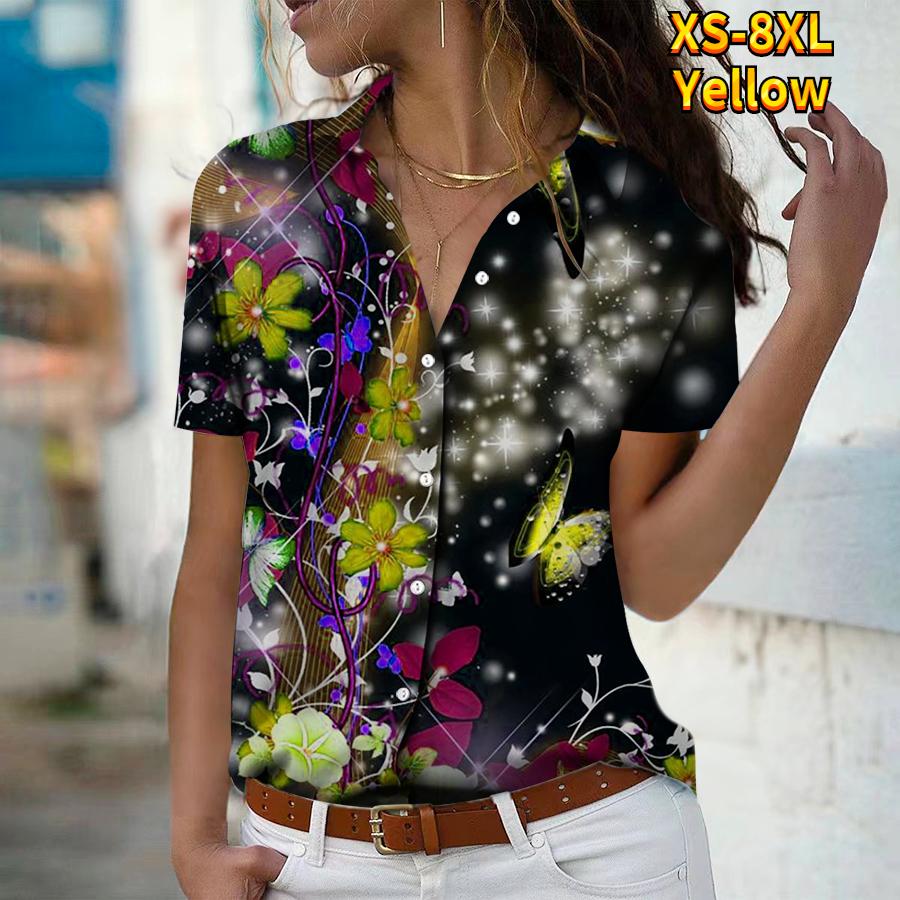 2025 Sommer Ny Mote Dame Blomsterprint Kortermet V-hals Casual Knappedown Skjorte Topp