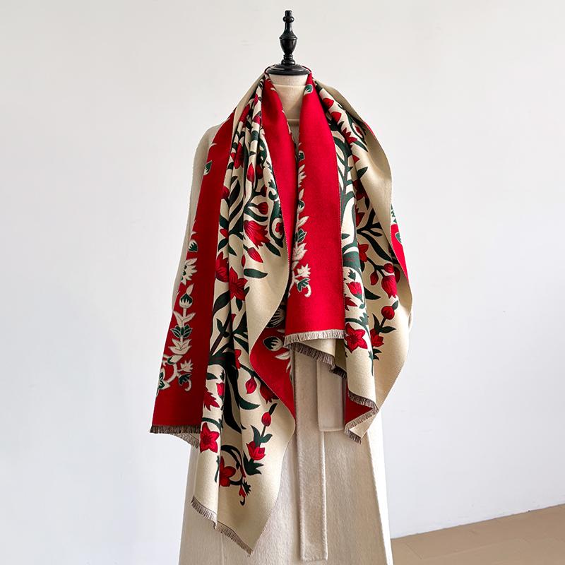  Luxury Brand Women's Winter Cashmere Scarf - Floral Printed Tasseled Pashmina Shawl Wrap, Bandana & Poncho