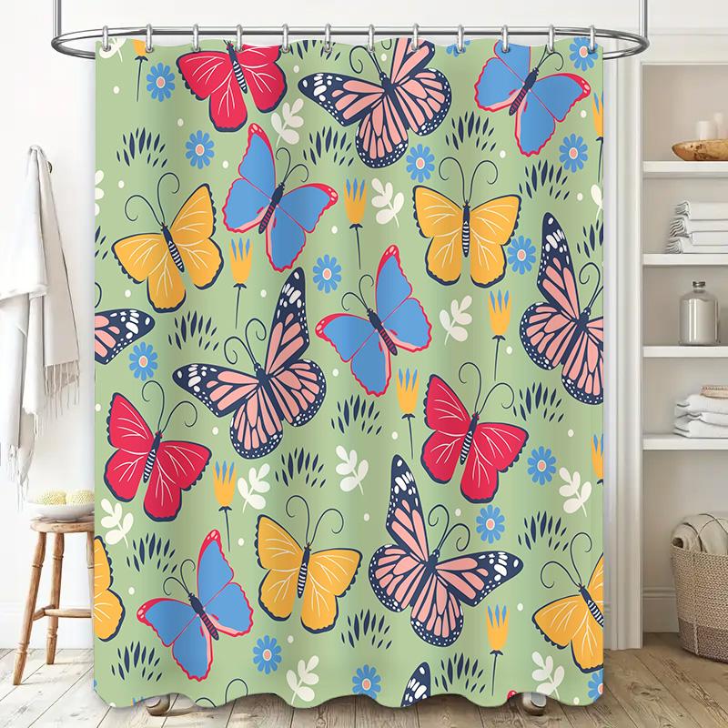 Butterfly Print Shower Curtain Waterproof Fabric Bathroom Decorations in Multiple Sizes Flower Garden Design