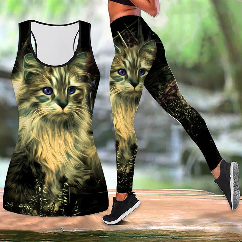 Handsome Cat Print Yoga Outfit for Women Fashion Workout Leggings Fitness Sports Casual Yoga Pants