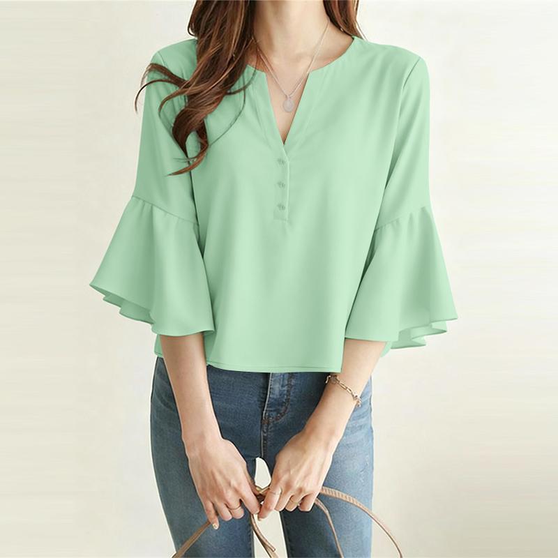 

ZANZEA Women Elegant Casual V-Neck Solid Color 3/4 Sleeve Loose Blouse S зелёный