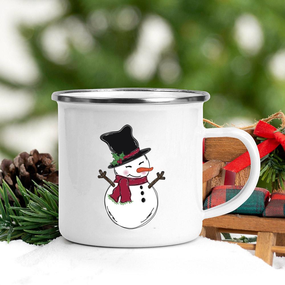 Santa Snowman Print Coffee Mugs Enamel Hot Cocoa Chocolate Cup Kids Breakfast Milk Oatmeal Cups Handle Xmas Decor Holiday Gifts