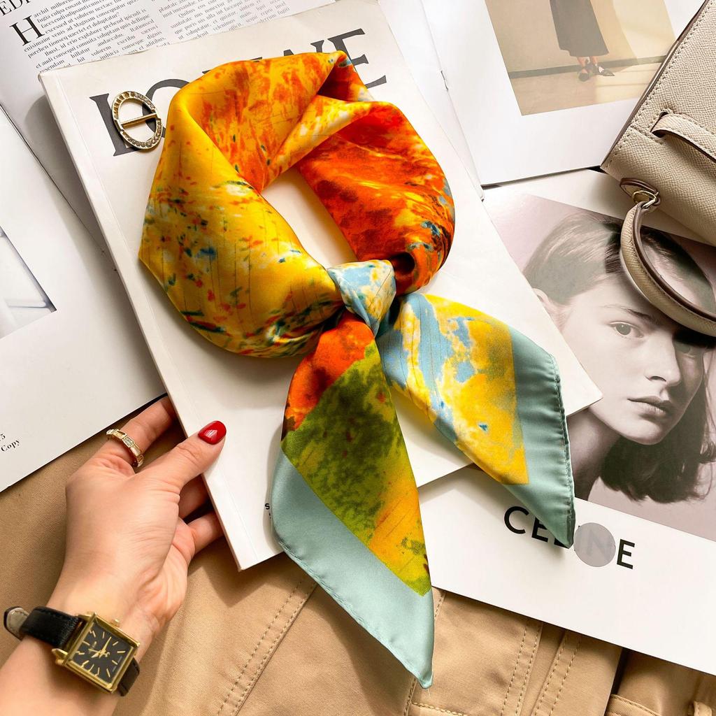 70cm Autumn Retro 3D Print Silk Scarf - Women's New Professional Square Imitation Ribbon