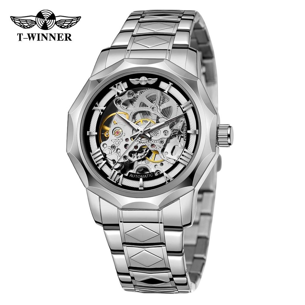 WINNER Men's Skeleton Automatic Mechanical Watches Polygonal Hollow Bottom Self Winding Wristwatch Stainless Steel Waterproof Luminous Watches for Men