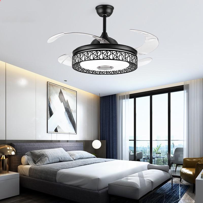Led Invisible Blck Ceiling Fans Light 42" Retractable Blade Bluetooth Modern Folding Fan Lamp APP Remote Control Hanging Light