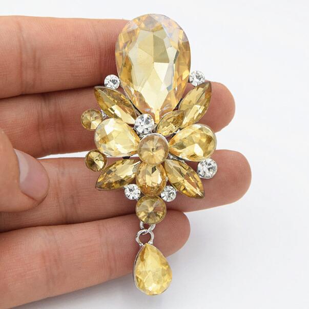 Luxury Yellow Teardrop Crystal Brooch: Large European  American Style Fashion Pendant
