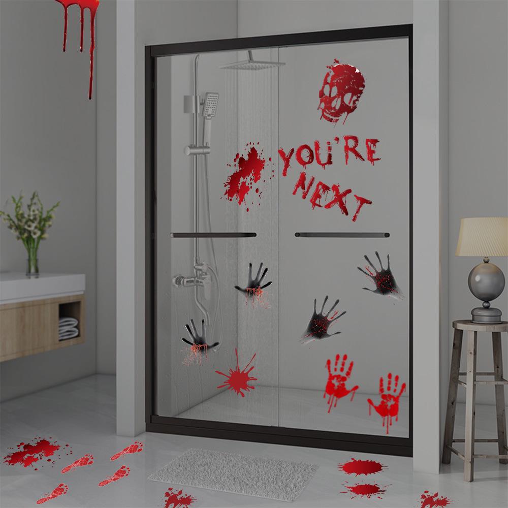 Cross-border Halloween Sticker Blood Print Door and Window Wall Sticker Blood Footprint Ghost Axe Prop Window Sticker Party Decoration Waterproof