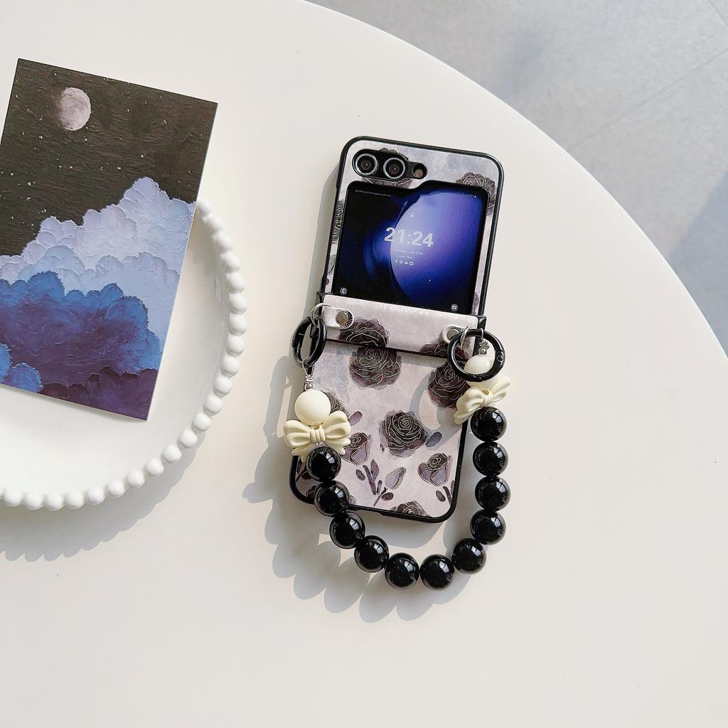 For Samsung Galaxy Z Flip5 5G Case Hinge Design Lacquered Pattern PU Leather+PC Phone Cover with Bead Chain