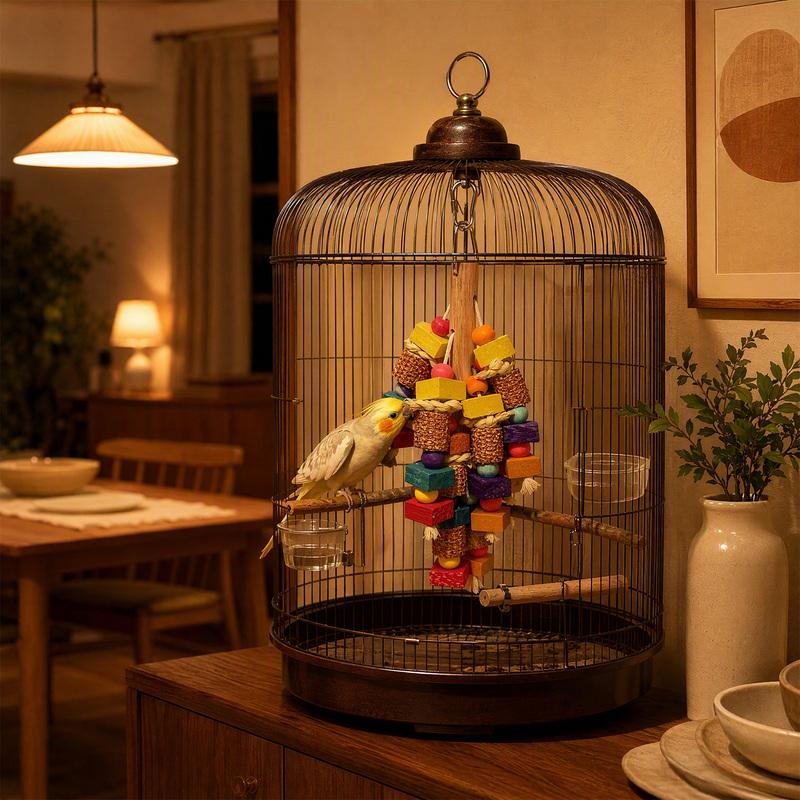 Bird Cage Hanging Toy Wood Block Corn Cob Sisal Rope for Parakeet Lovebird Cockatiel