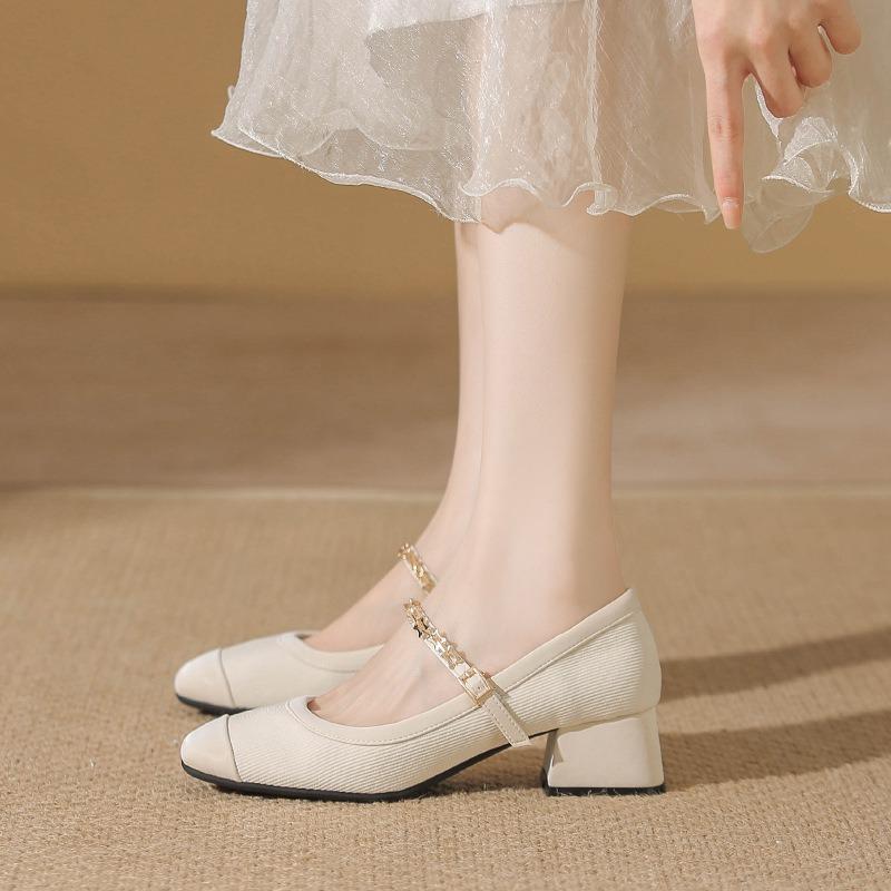 Square head thick heel single shoes women's spring and summer new one-word buckle strap burgundy Mary Jane shoes women